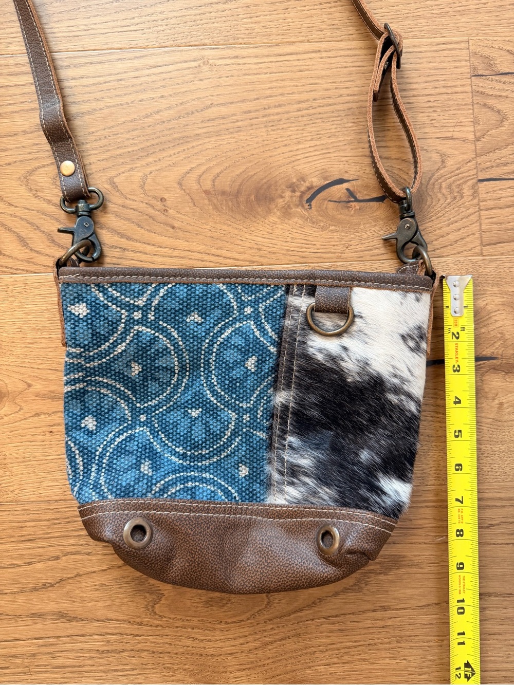 Myra Bag Blue Pattern & Cowhide Crossbody with Brown Leather Trim